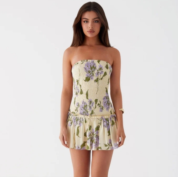 Peppermayo Dresses & Skirts - Peppermayo Break From Toronto Linen Mini Dress - Yellow Purple Floral